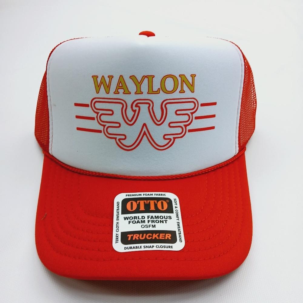 Waylon Print On Red and White Foam Mesh Snapback Trucker Hat